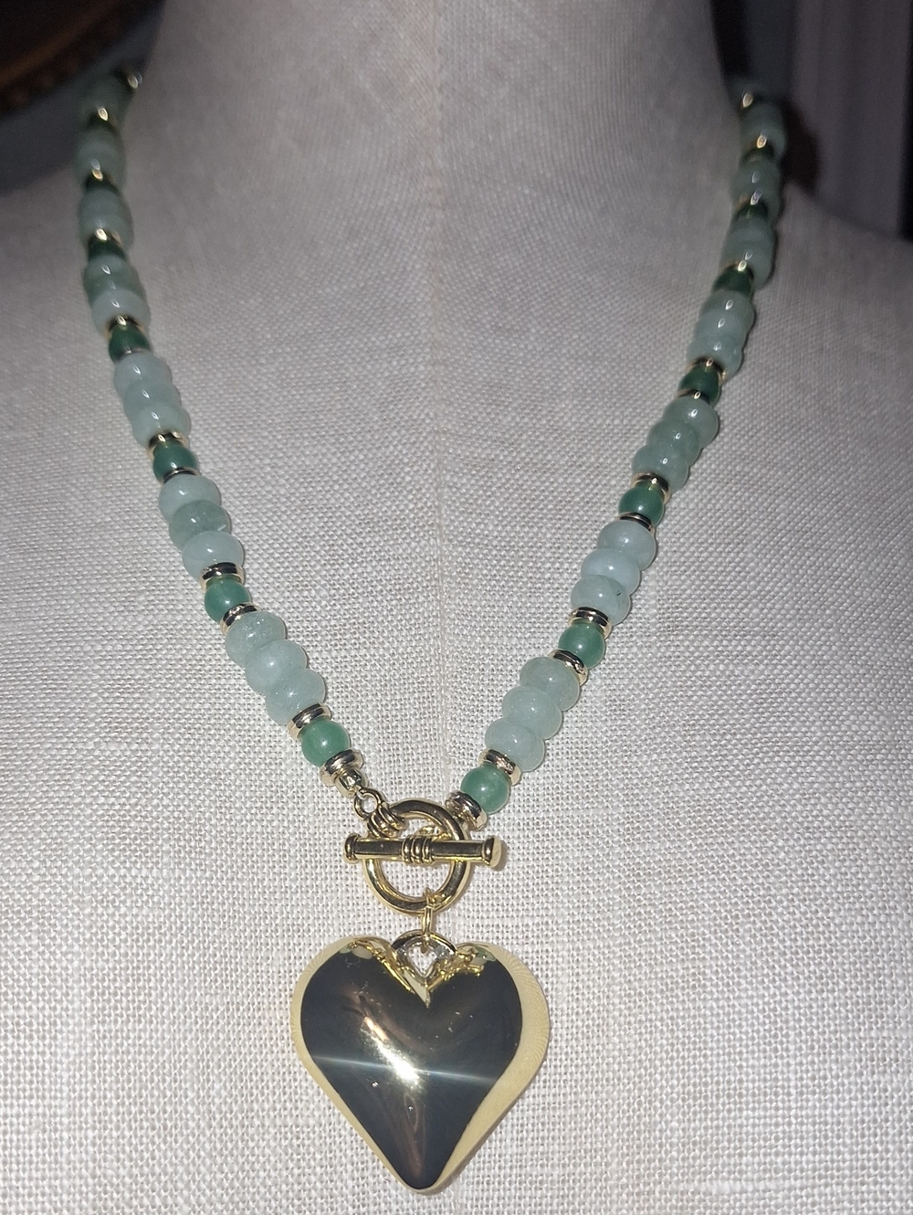 Gold Heart Pendant Necklace with Green Adventurine And Jadeite Gemstones Beads